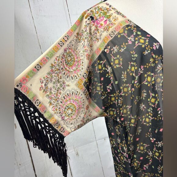 Rachel & Chloe Long Kimono Cardigan Coverup Fringed Multicolored - Picture 3 of 6